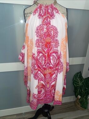 Bisou Bisou White Halter Dress with Pink and Orange Paisley Print